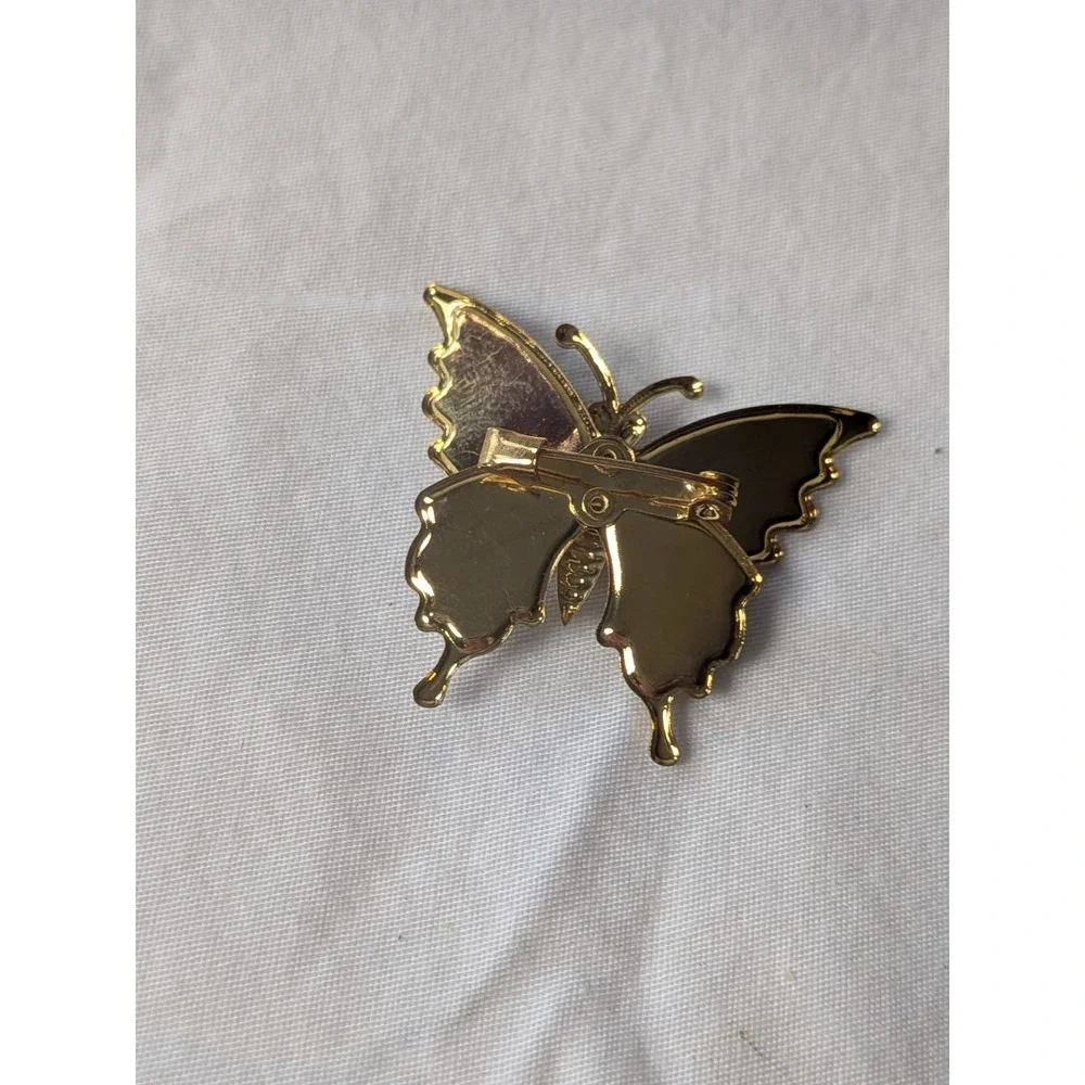 Vintage‎ Gold Tone Glitter Enamel Butterfly Brooch Pin Green Orange Whimsical